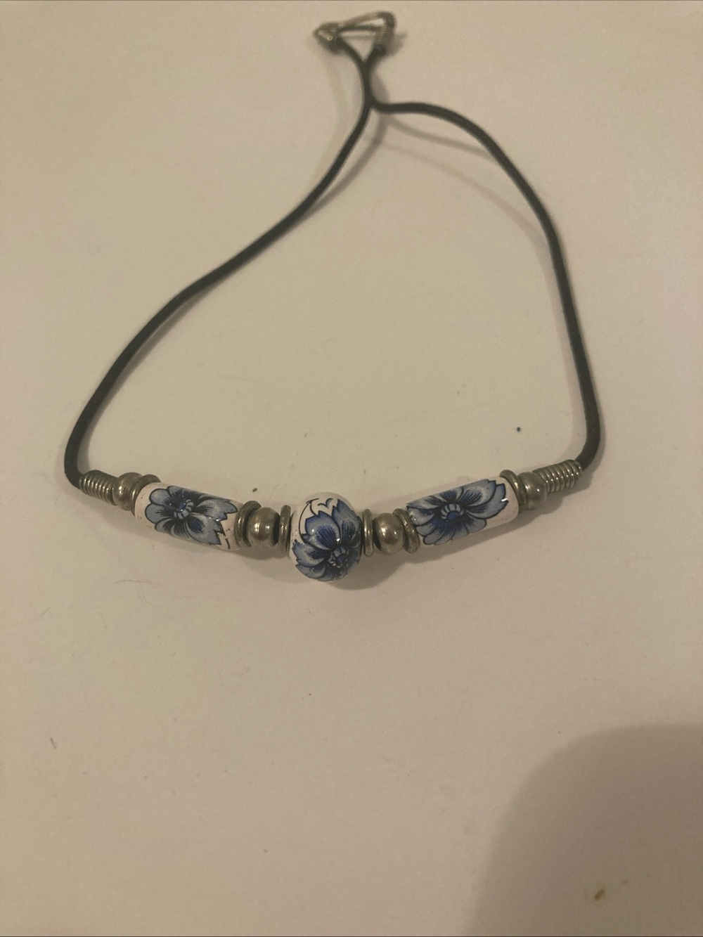 Vintage 90’s DELFT Floral ceramic Beaded Choker Black Leather Cord Silver Tone